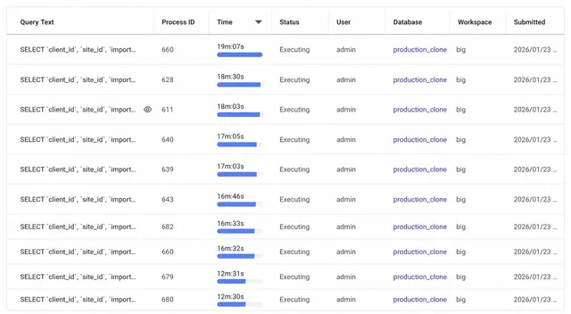 SingleStore dashboard showing many export queries executing against the temporary production clone cluster
