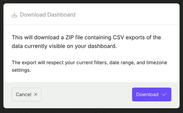Dashboard download dialog in Fathom