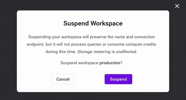 SingleStore suspend workspace confirmation dialog for the production workspace