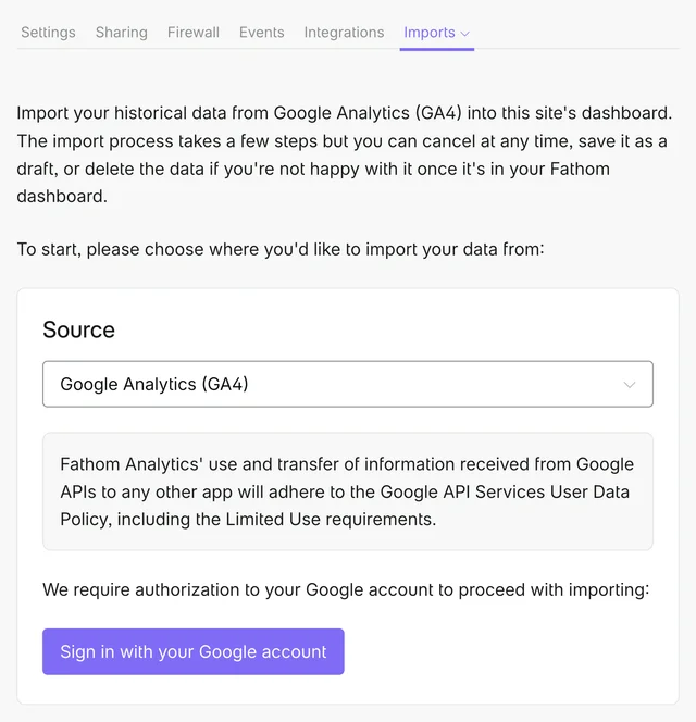 Starting a new import Starting a new Google Analytics import from a site's Imports page