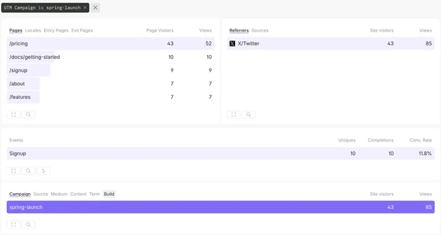 Dashboard filtered by a UTM campaign, showing the entry pages and event completions from that campaign