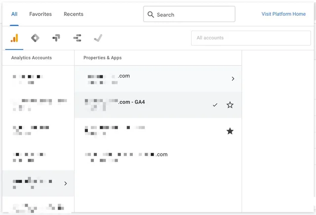 account and property list view in google analytics