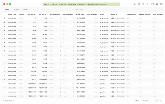 Migration chunk table showing site_bundle rows with start and end site IDs and row counts
