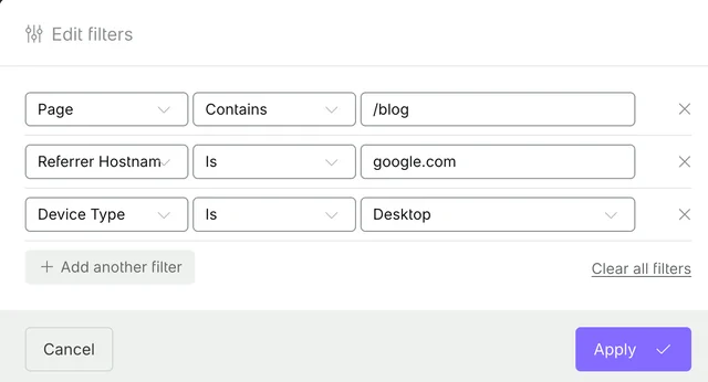 The Edit filters modal with three filters