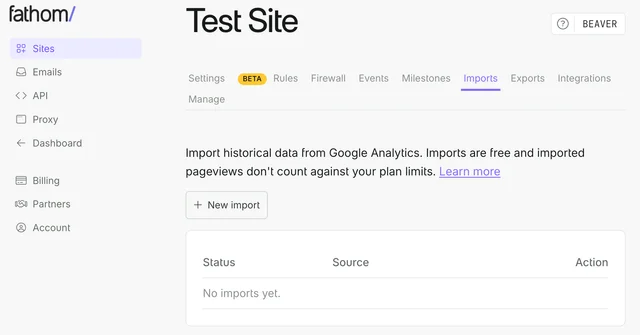 A site's Imports tab, with the New import button and the list of imports