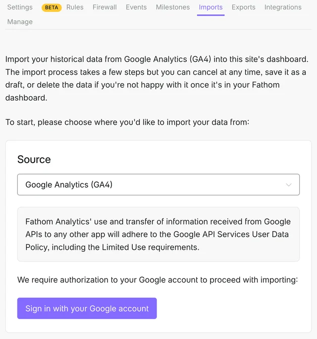 Starting a new Google Analytics import from a site's Imports tab