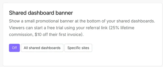 The Shared dashboard banner section in Partners settings, with Off, All shared dashboards and Specific sites options