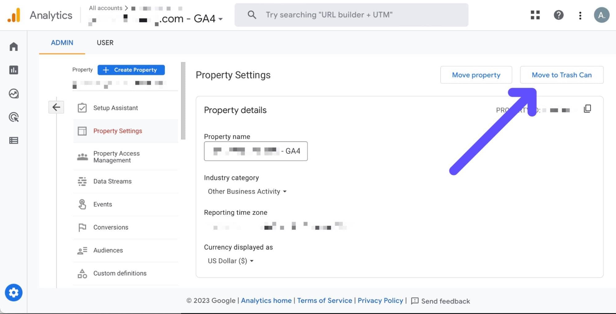 move google analytics property to trash can