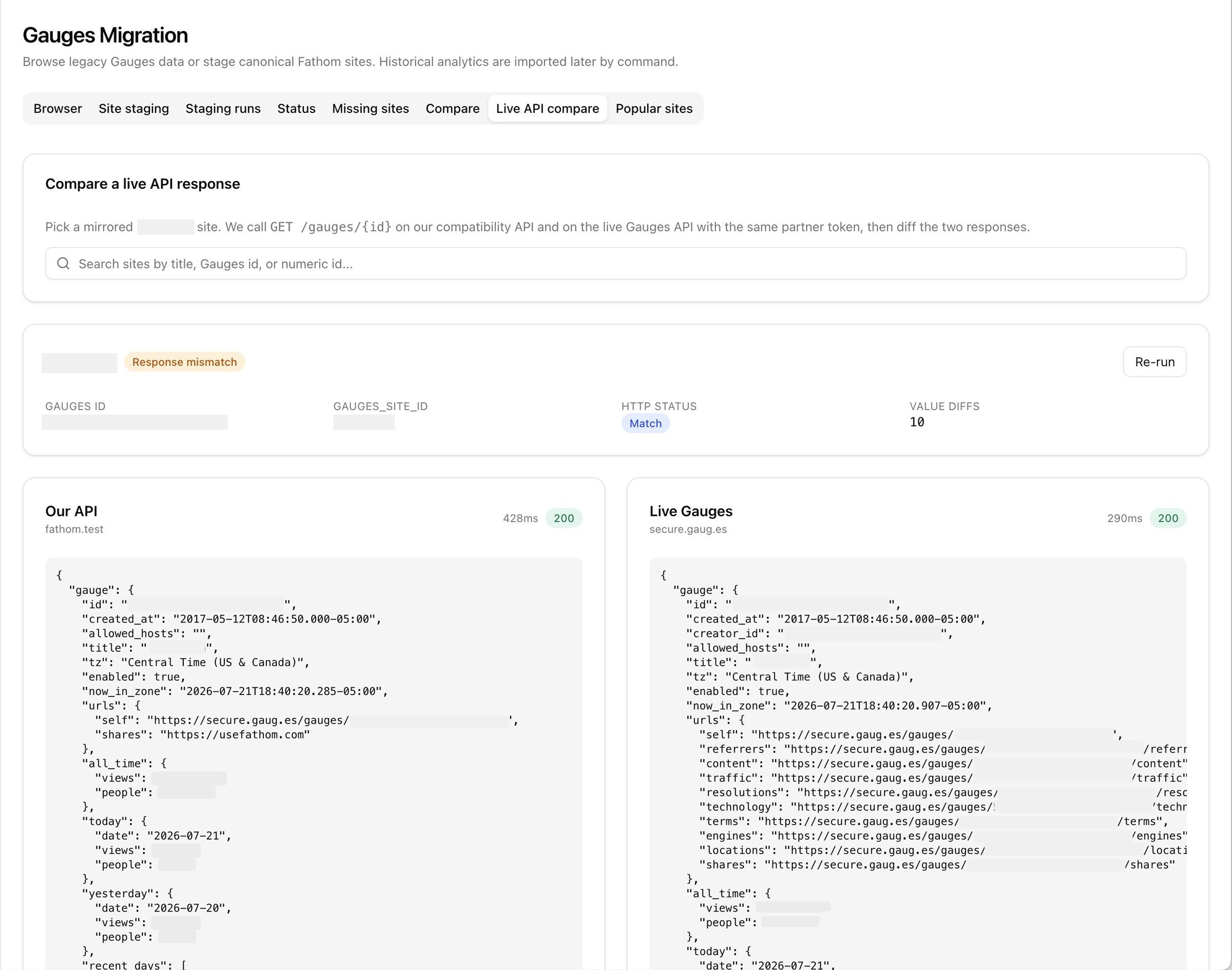 An anonymised diff between our compatibility API and the live Gauges API