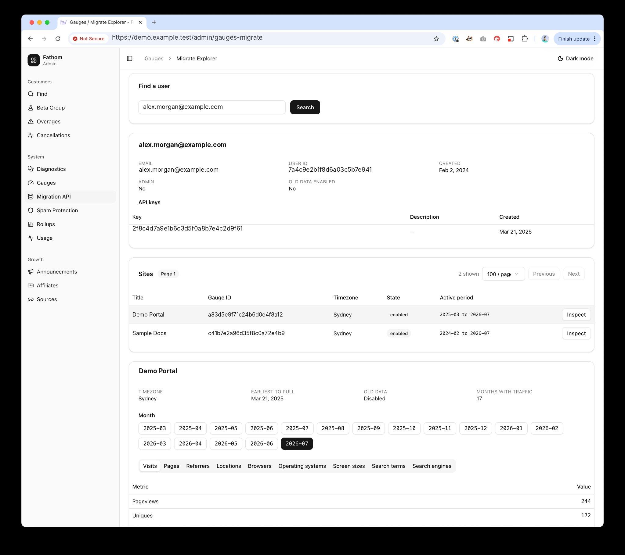 An anonymised migration explorer reading Gauges data through the migration API