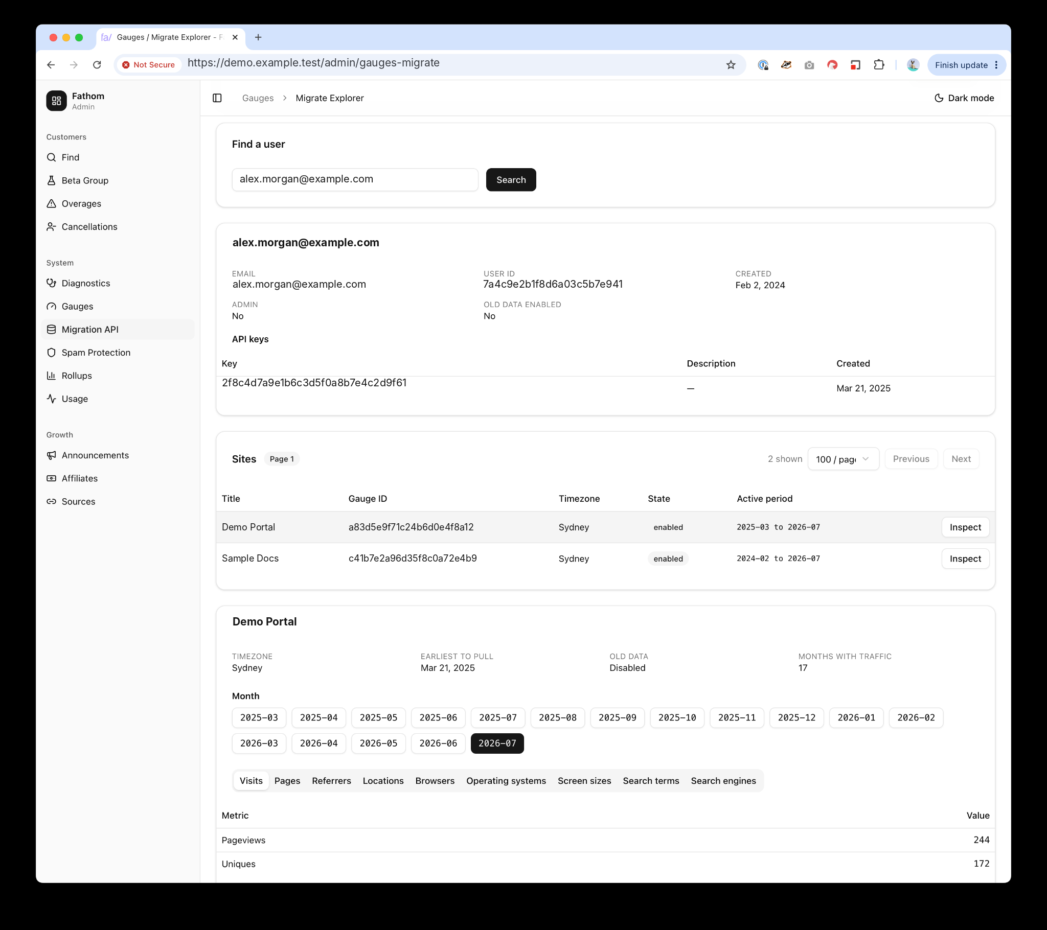 An anonymised migration explorer reading Gauges data through the migration API