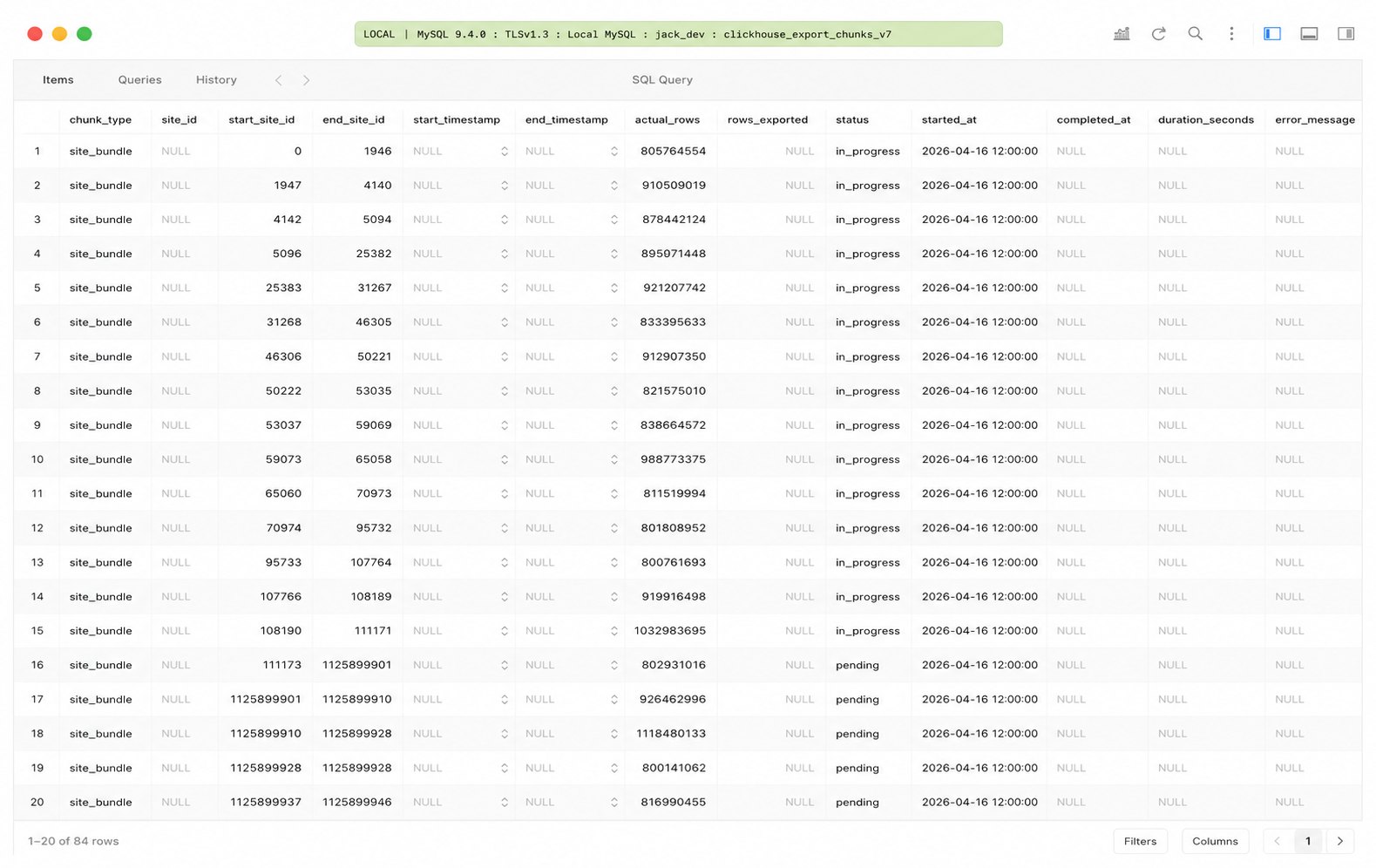 Migration chunk table showing site_bundle rows with start and end site IDs and row counts