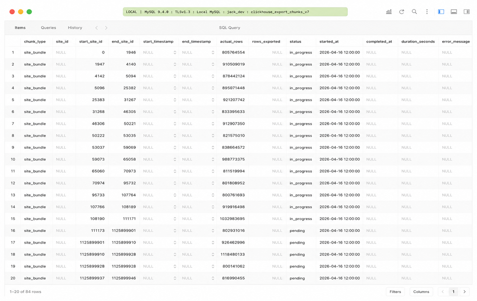 Migration chunk table showing site_bundle rows with start and end site IDs and row counts