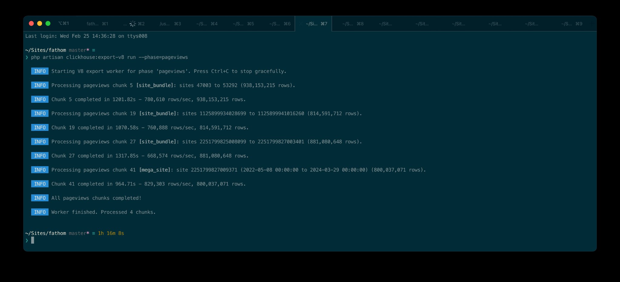 Terminal output showing the V8 export worker moving pageview chunks at 700,000 to 830,000 rows per second