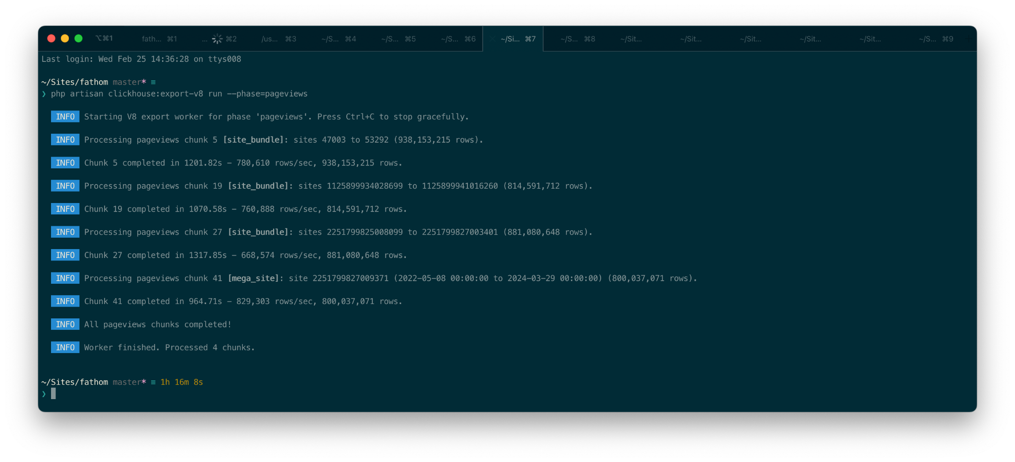 Terminal output showing the V8 export worker moving pageview chunks at 700,000 to 830,000 rows per second