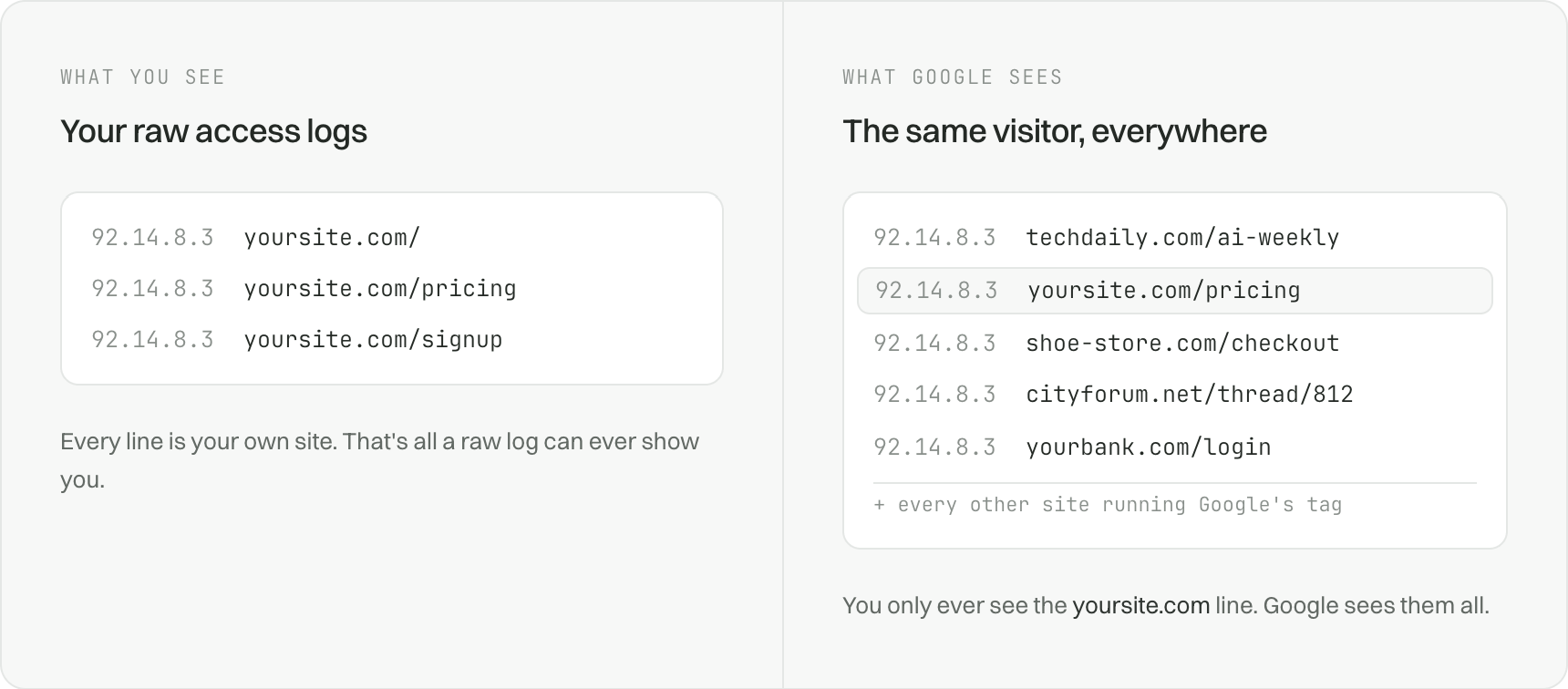 What you see in your raw access logs versus what Google sees across the web