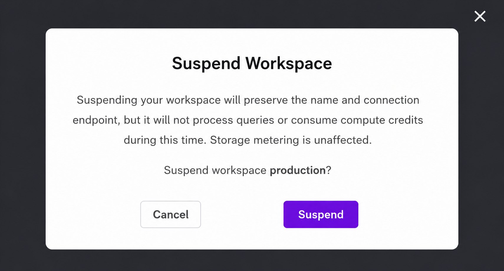SingleStore suspend workspace confirmation dialog for the production workspace