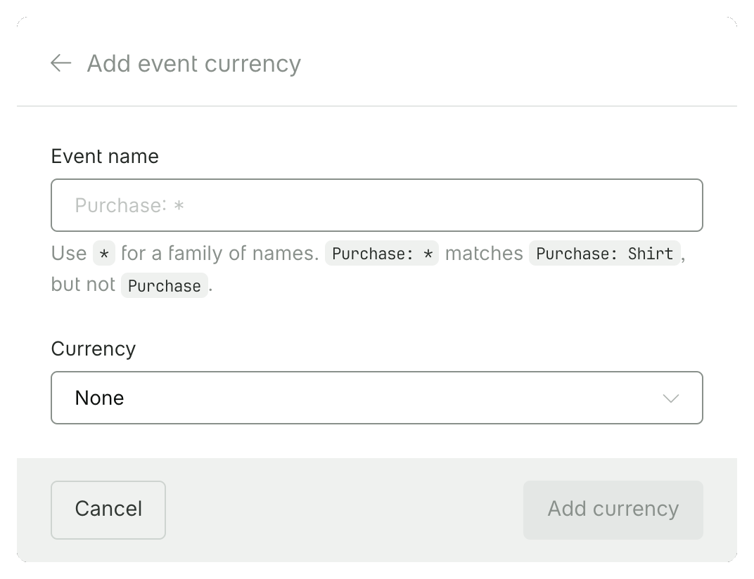 Add event currency screen with event name and currency fields